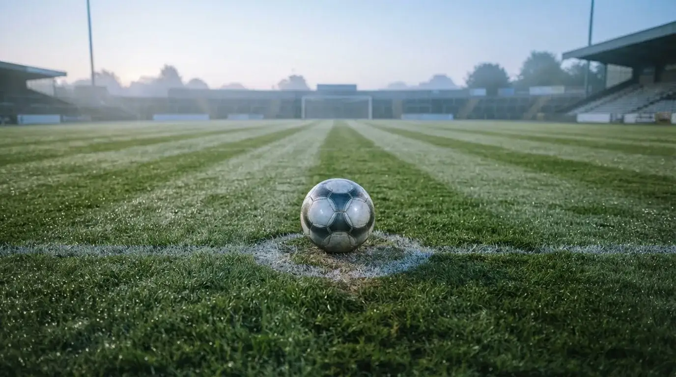 Ein einzelner Fussball liegt auf dem Anstosspunkt eines leeren Rasenplatzes am frühen Morgen, Tau glitzert auf dem Gras, die Tribüne liegt im Dunst.