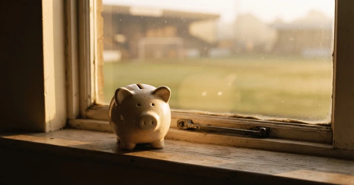 Ein kleines Sparschwein aus Keramik steht auf einem Fensterbrett, im Hintergrund ein verschwommener Rasenplatz im Morgenlicht.