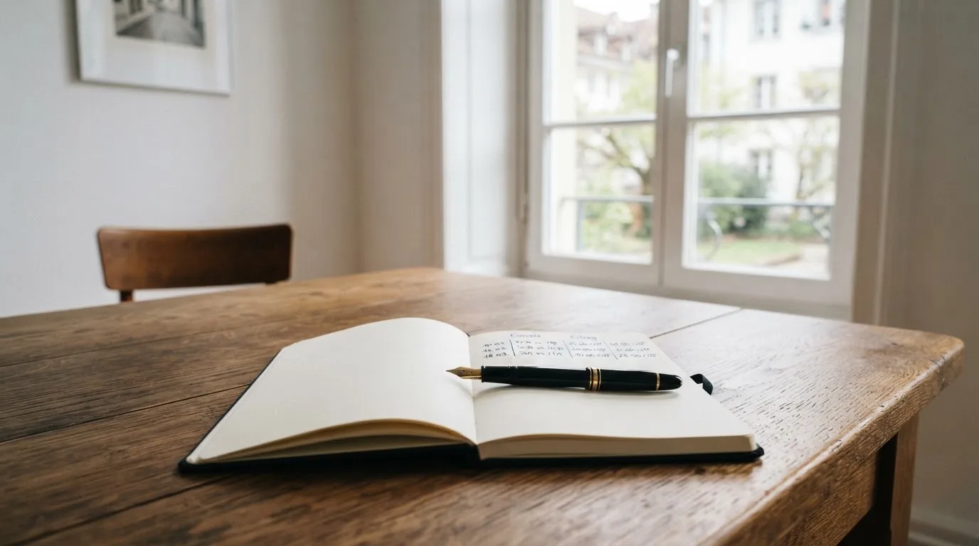 Ein schwerer Holztisch in einem hellen Büro mit einem leeren Notizblock und einem Füllfederhalter, Licht fällt durch ein hohes Fenster.