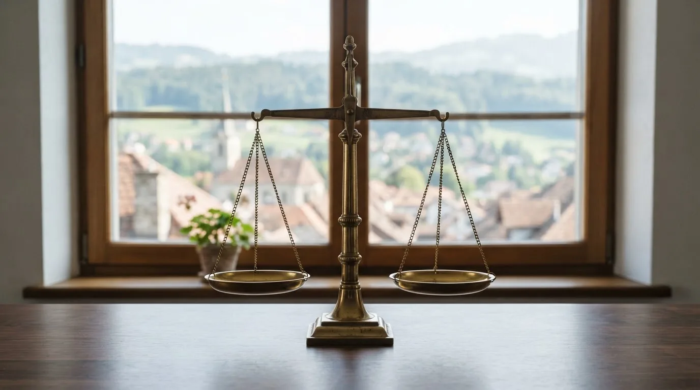 Eine Waage aus Messing steht auf einem polierten Schreibtisch vor einem Fenster mit Blick auf Dächer und sanfte Hügel.