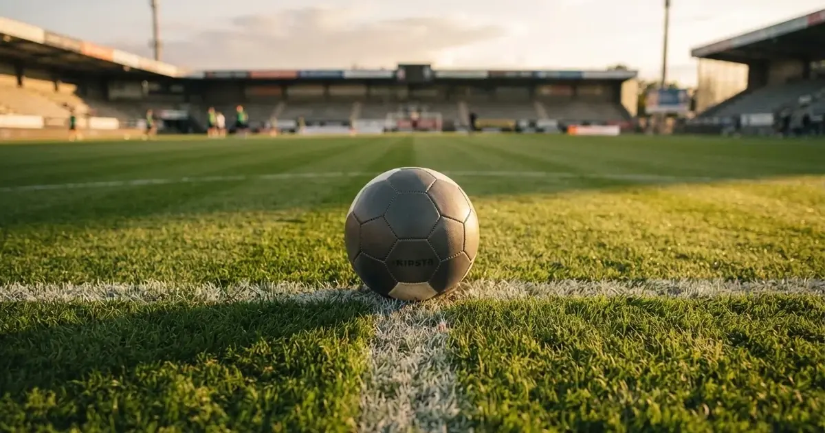 Ein Fussball liegt auf dem Mittelkreis eines Rasenfelds, die weissen Linien kreuzen sich auf dem gepflegten Gras im warmen Abendlicht.