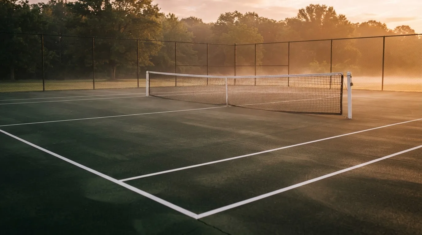 Ein Tennisplatz bei Sonnenaufgang, die Linien frisch gezogen, das Netz in der Mitte und Nebel über dem Boden.
