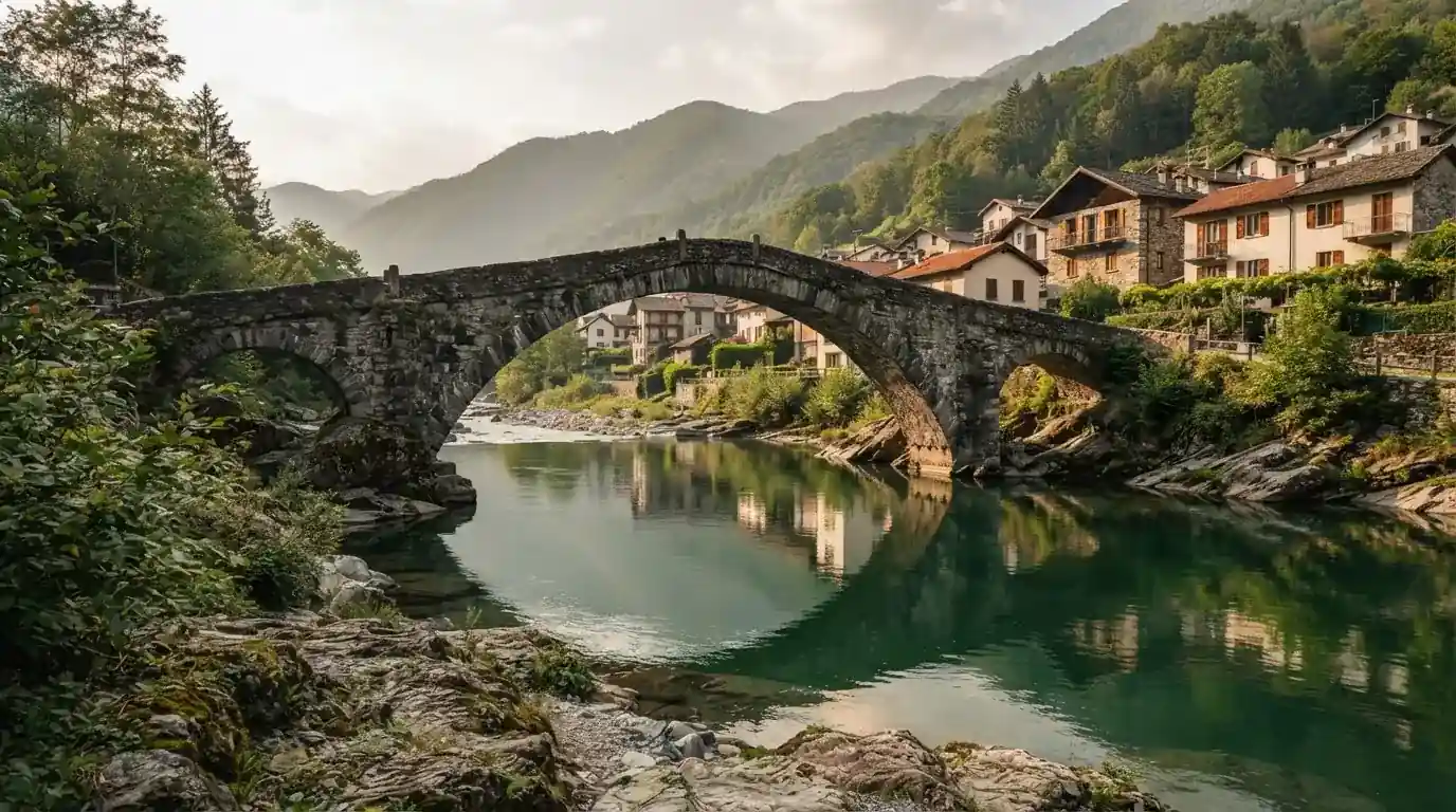 Eine alte Steinbrücke über einen ruhigen Fluss, dahinter Häuser mit Ziegeldächern und bewaldete Hügel.