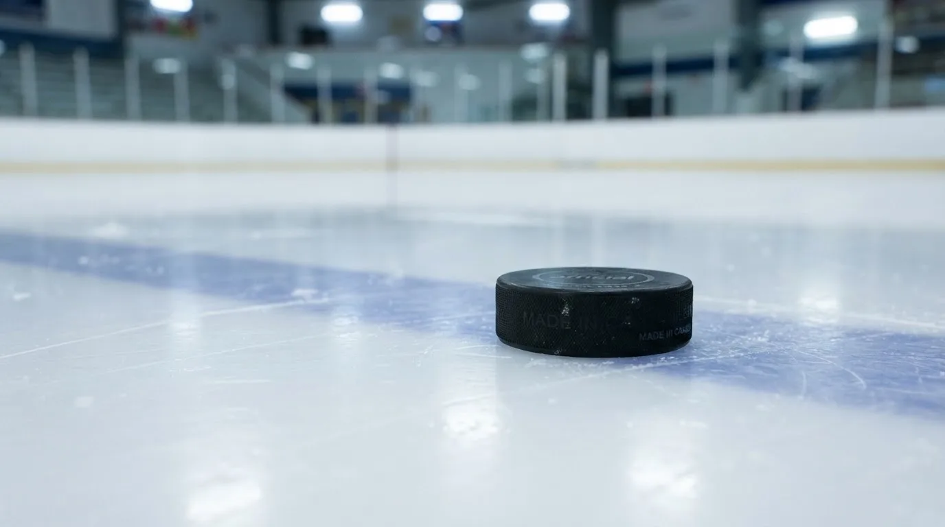 Ein Eishockeypuck liegt auf dem Eis, im Hintergrund unscharf die Bande unter hellem Hallenlicht.