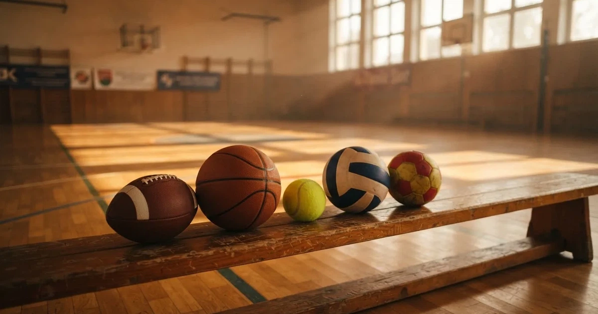 Fünf Sportbälle verschiedener Sportarten stehen in einer Reihe auf einer Holzbank in einer Turnhalle, Licht fällt durch hohe Fenster.
