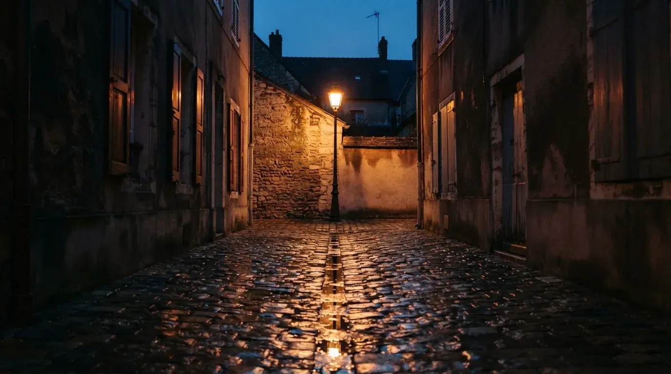 Eine Strassenlaterne in einer leeren Gasse am Abend, das nasse Kopfsteinpflaster spiegelt das warme Licht.