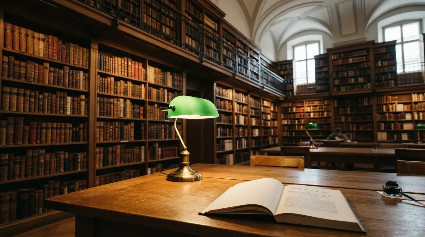 Eine Bibliothek mit hohen Holzregalen voller Bücher, im Vordergrund ein Lesetisch mit grüner Lampe.