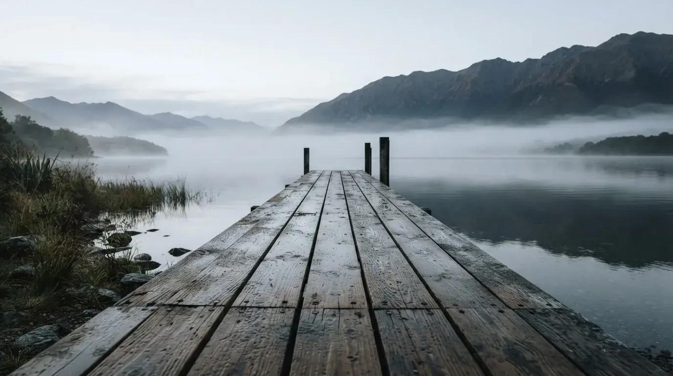 Ein Seeufer mit einem hölzernen Steg, Nebel liegt über dem Wasser, am anderen Ufer erheben sich Berge.