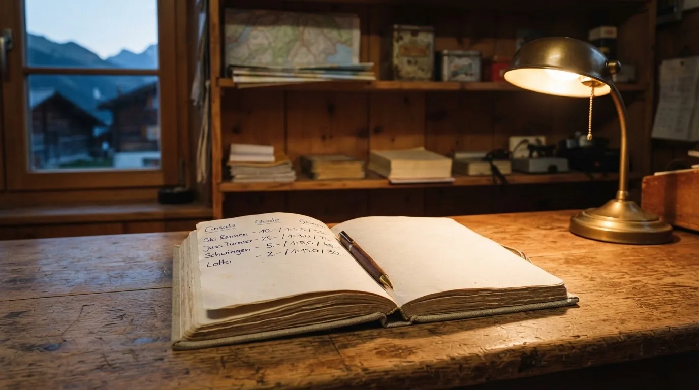 Ein alter Holztresen mit einem Notizbuch und einem Taschenrechner in warmem Lampenlicht, Regale im Hintergrund.