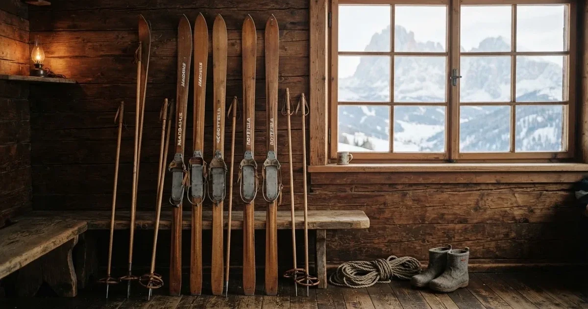 Mehrere Skier und Stöcke lehnen ordentlich in einer Reihe an der Holzwand einer Berghütte, vor dem Fenster liegt Schnee.