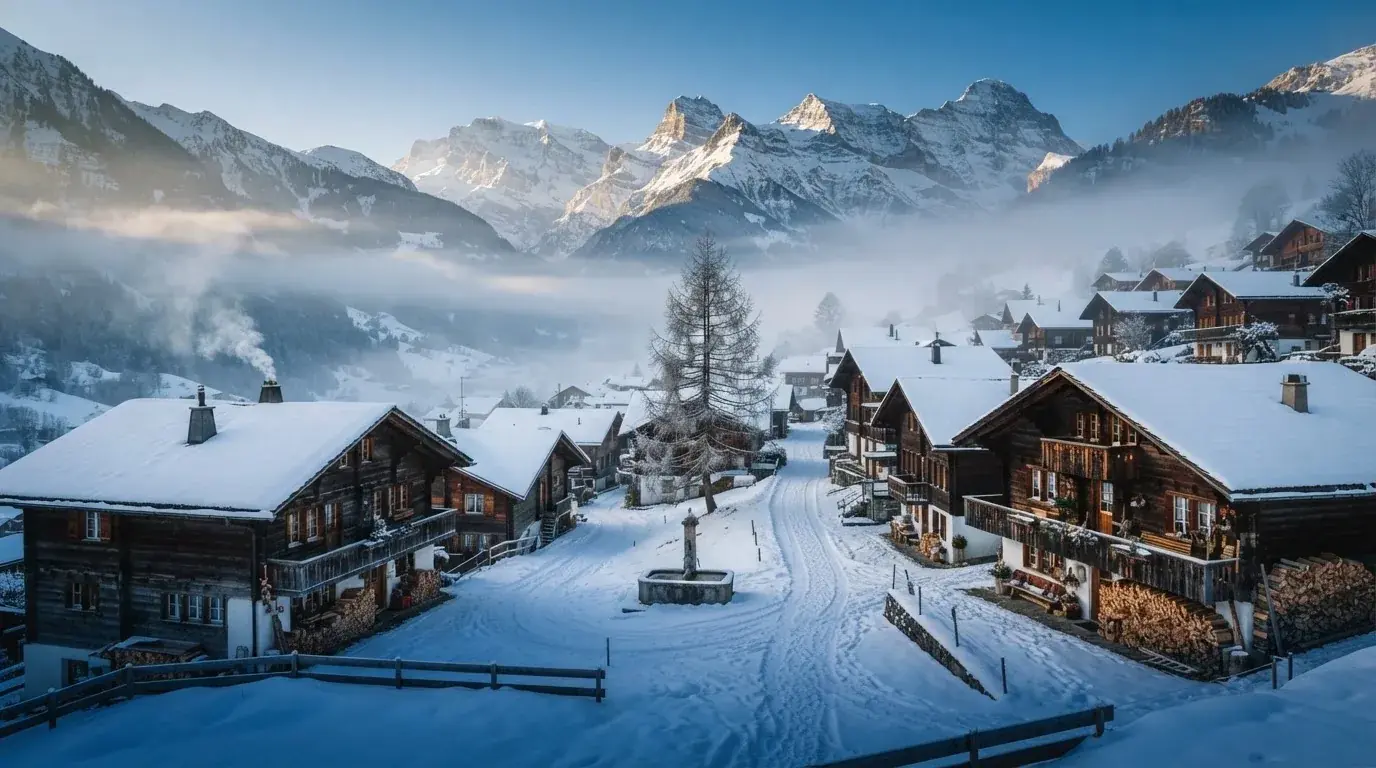 Ein Bergdorf mit Holzhäusern im Tal an einem klaren Morgen, über den Dächern liegen Nebelschwaden und Gipfel.