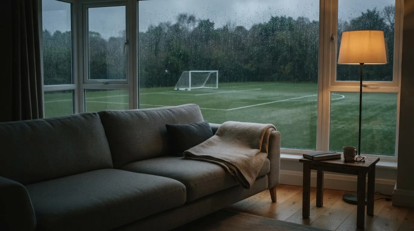 Ein Sofa mit Wolldecke steht vor einem grossen Fenster, draussen Regen und in der Ferne ein Fussballplatz.
