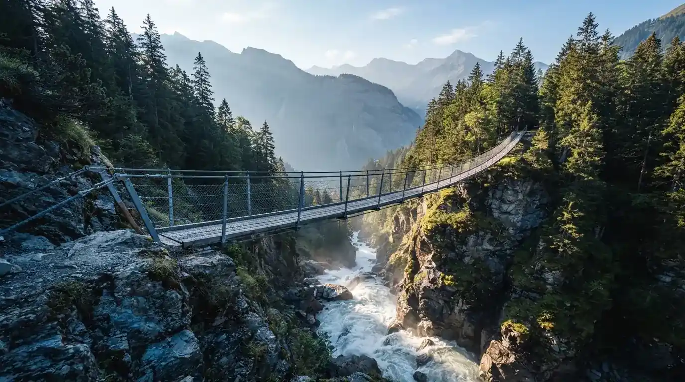Eine Hängebrücke spannt sich über eine tiefe Schlucht, unten rauscht ein Fluss zwischen bewaldeten Felswänden.