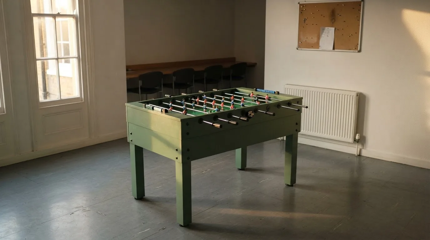 Ein Tischfussballtisch steht in einem leeren Aufenthaltsraum, Nachmittagslicht fällt durch ein Fenster.