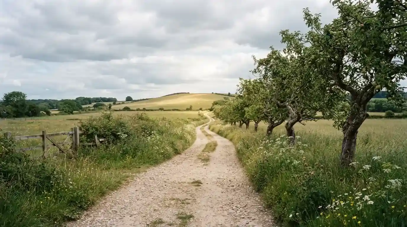 Ein Feldweg führt zwischen Wiesen zu einem Hügel, der Himmel ist bewölkt, am Wegrand stehen Obstbäume.