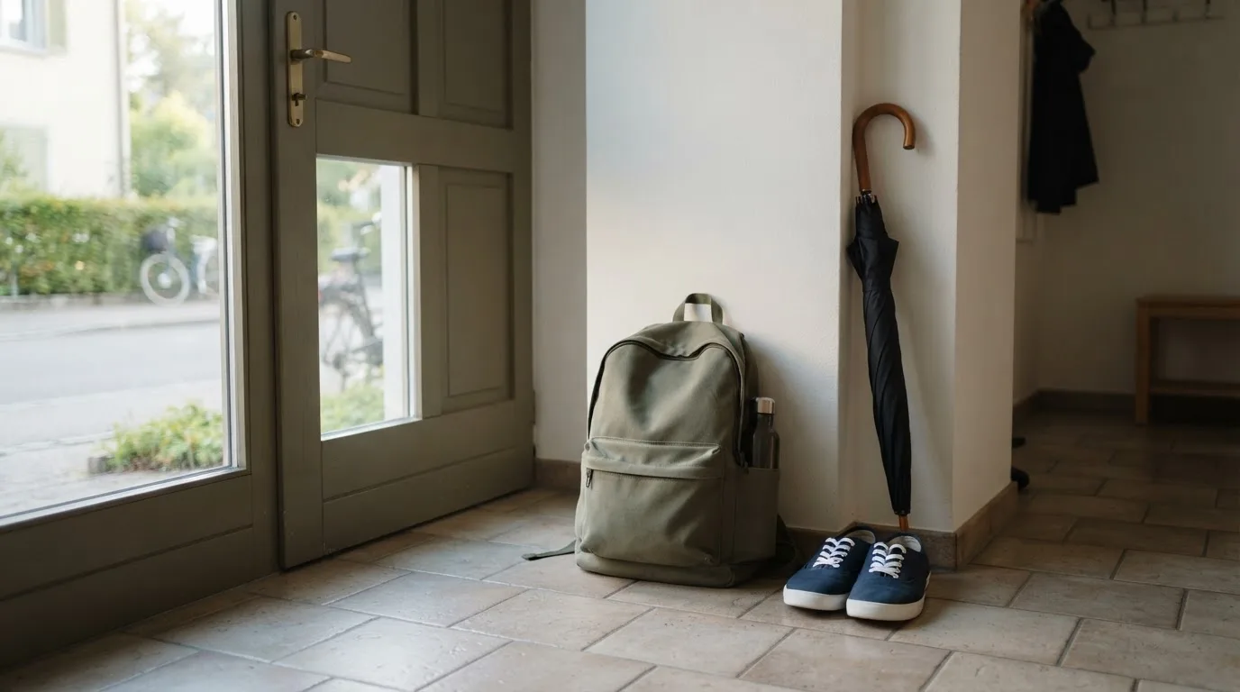 Ein Rucksack und Turnschuhe stehen an einer Haustür, daneben ein Regenschirm, durch das Glas fällt Morgenlicht.