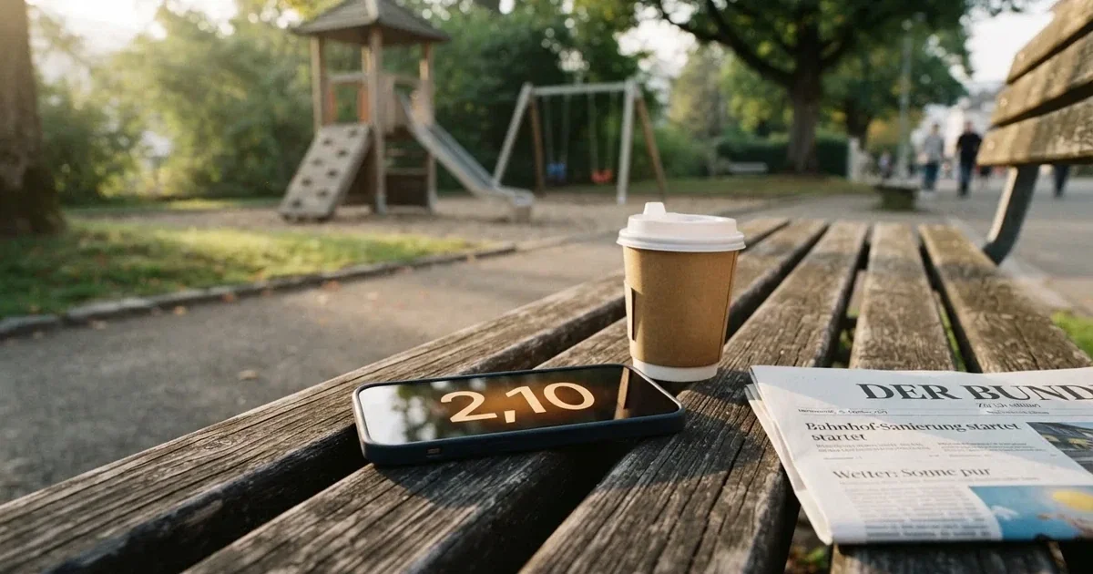 Ein Smartphone mit dunklem Display liegt auf einer Parkbank, daneben ein Kaffeebecher, im Hintergrund ein Spielplatz.