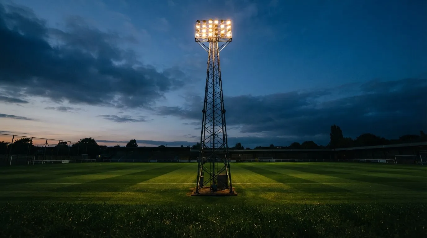Ein Flutlichtmast ragt in den Abendhimmel, die Rasenfläche darunter liegt leer und dunkelgrün da.