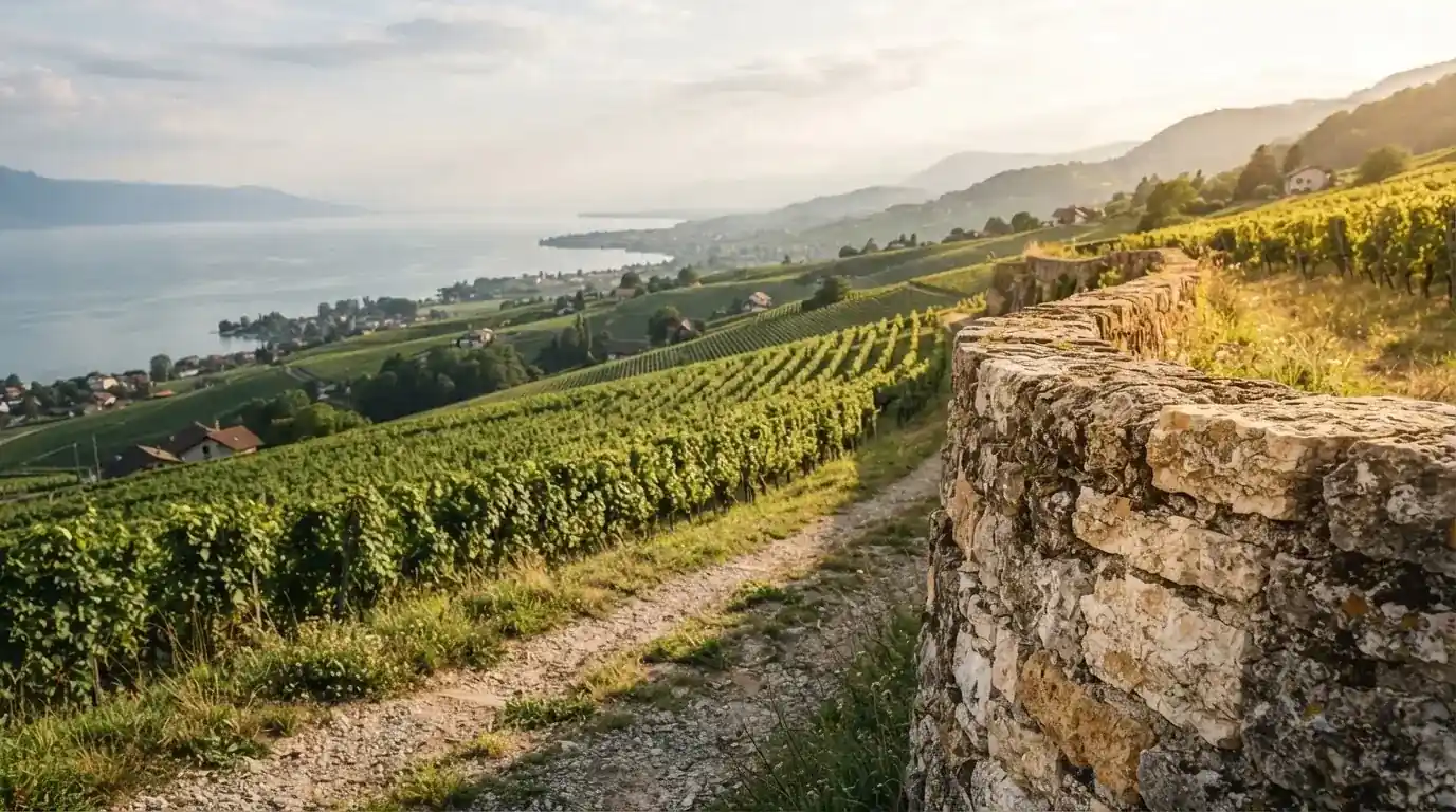 Eine Mauer aus Natursteinen am Wegrand, dahinter Weinberge, die zu einem See hinabführen.