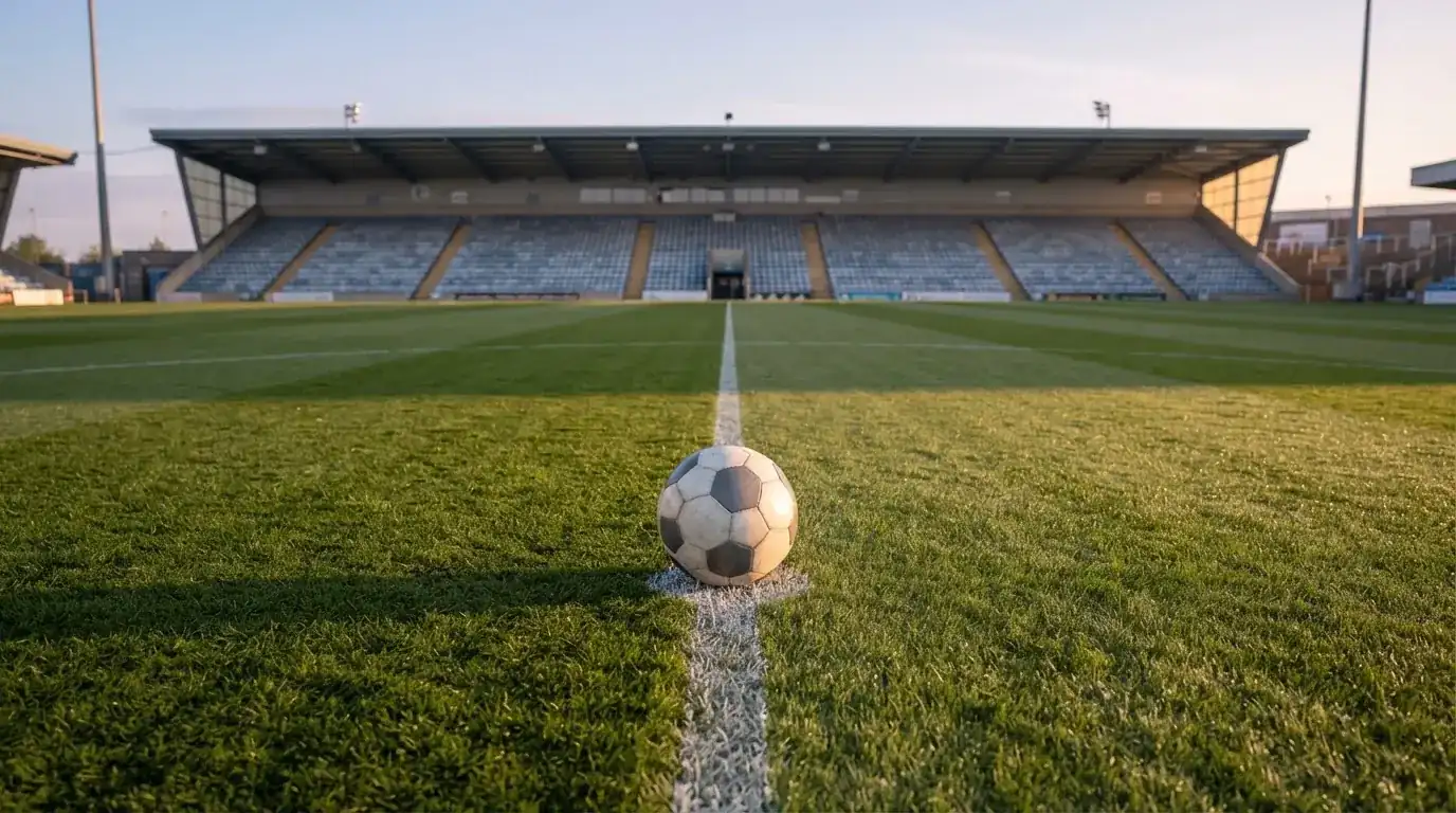 Ein Fussball liegt auf dem Anstosspunkt eines leeren Rasenplatzes im frühen Morgenlicht, dahinter erhebt sich eine menschenleere Tribüne.