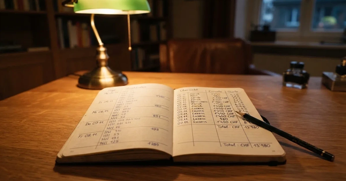 Ein aufgeschlagenes Notizbuch mit handschriftlichen Strichlisten und Spalten liegt neben einem Bleistift auf einem Holztisch im warmen Licht einer Schreibtischlampe.