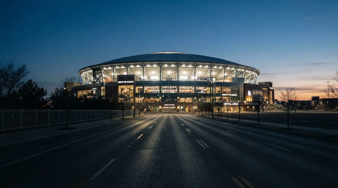 Ein grosses Eisstadion aus der Ferne gesehen, hell erleuchtet von Flutlicht in der Abenddämmerung, davor eine leere Strasse.