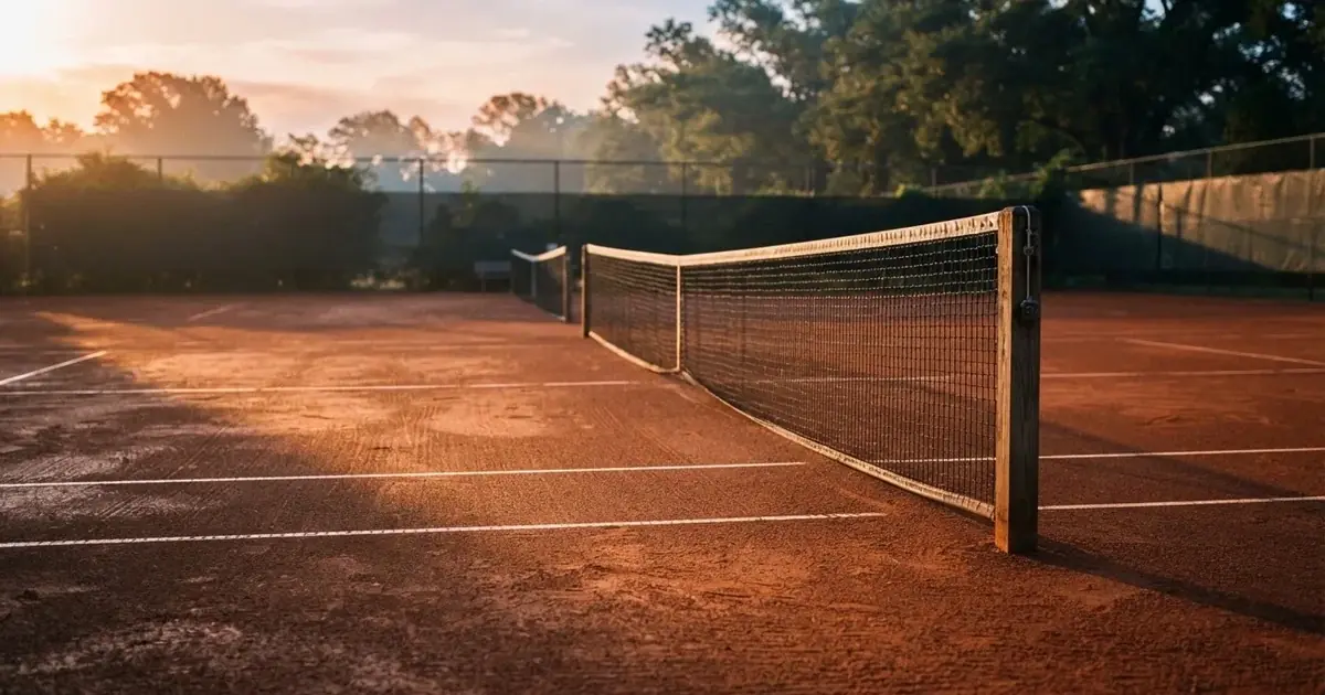 Ein Sandplatz für Tennis liegt bei Sonnenaufgang still da, das Netz wirft einen langen Schatten über die weissen Linien.