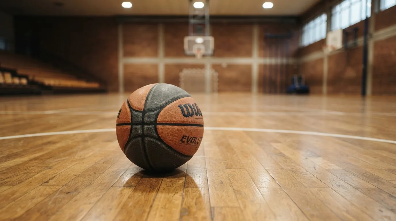 Ein Basketball liegt auf dem Parkett einer leeren Halle, von den Deckenlampen fällt gleichmässiges Licht auf den Boden.