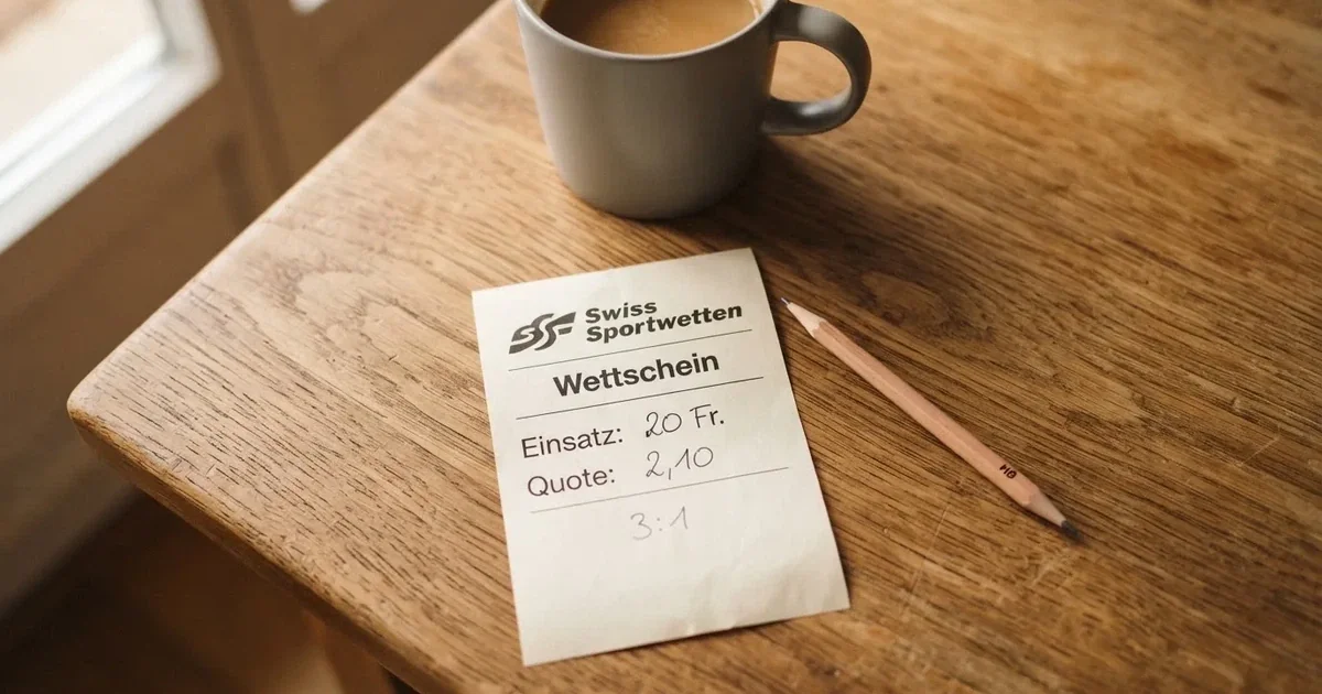 Ein leerer Wettschein aus Papier liegt auf einem Holztisch neben einem Bleistift und einem Kaffeebecher.