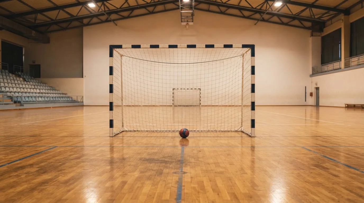 Ein Handballtor in einer leeren Sporthalle, der Ball liegt im Torraum und das Hallenlicht spiegelt sich im Parkett.