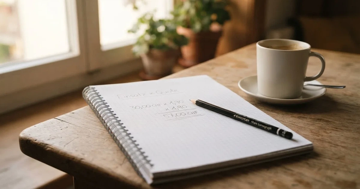 Ein Taschenrechner und ein Bleistift liegen auf kariertem Papier neben einer Tasse Kaffee, ein Fensterplatz mit Tageslicht.