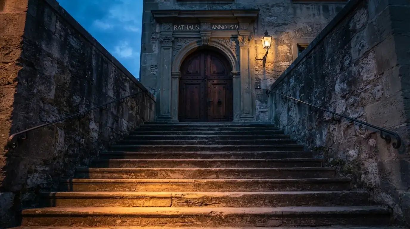 Eine breite Steintreppe führt zu einem hohen Portal aus dunklem Holz, das Licht der Dämmerung liegt auf den Stufen.