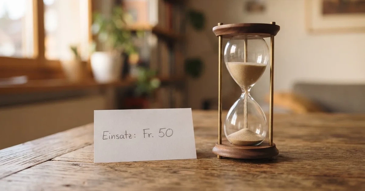 Ein kleiner Stapel Münzen neben einer Sanduhr auf einem Holztisch im weichen Fensterlicht.