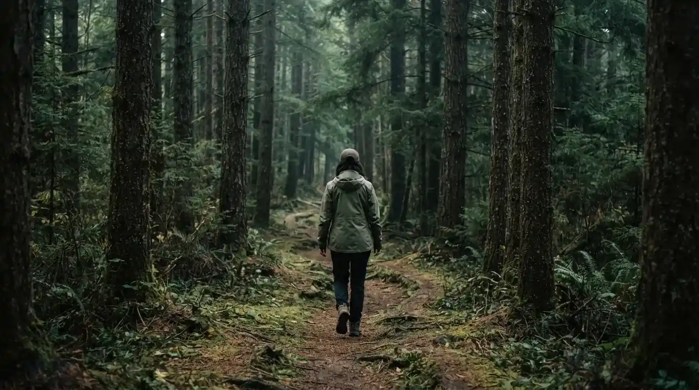 Eine Person von hinten auf einem Waldweg, die langsam zwischen hohen Tannen geht.