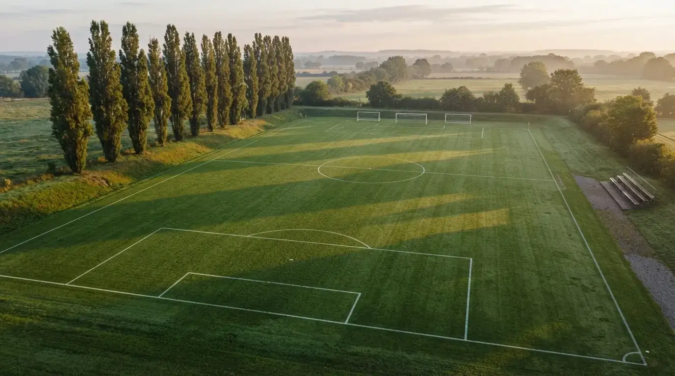 Ein leerer Fussballplatz mit weissen Linien von oben gesehen im Morgenlicht, am Rand stehen zwei Tore und eine Reihe Pappeln.