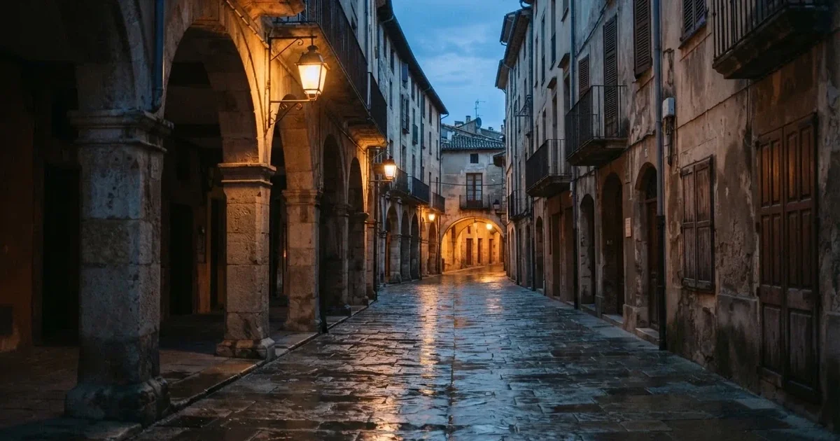 Eine menschenleere Altstadtgasse mit steinernen Laubengängen im Abendlicht, die Laternen brennen schon und das Pflaster glänzt feucht.