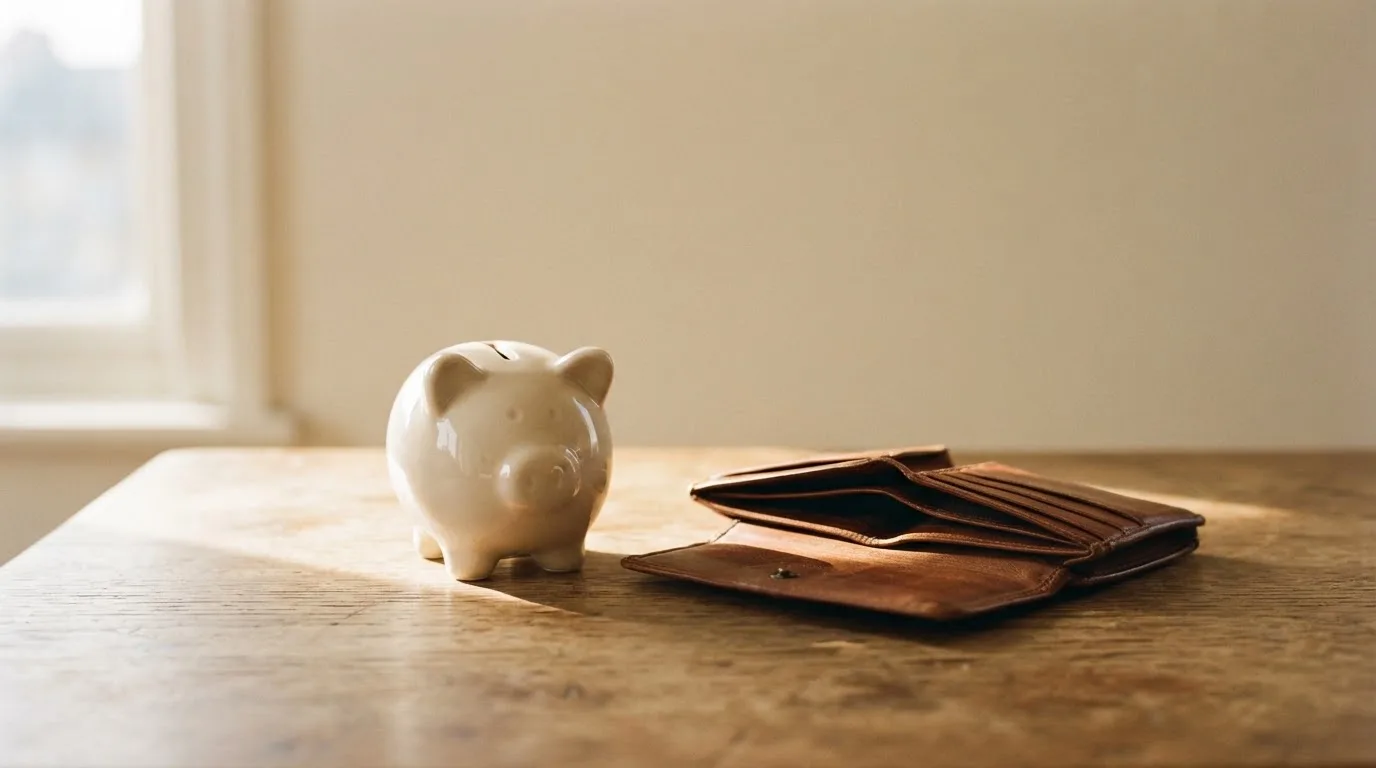 Ein Sparschwein aus Keramik steht auf einem Küchentisch neben einer leeren Geldbörse im Licht des Morgens.