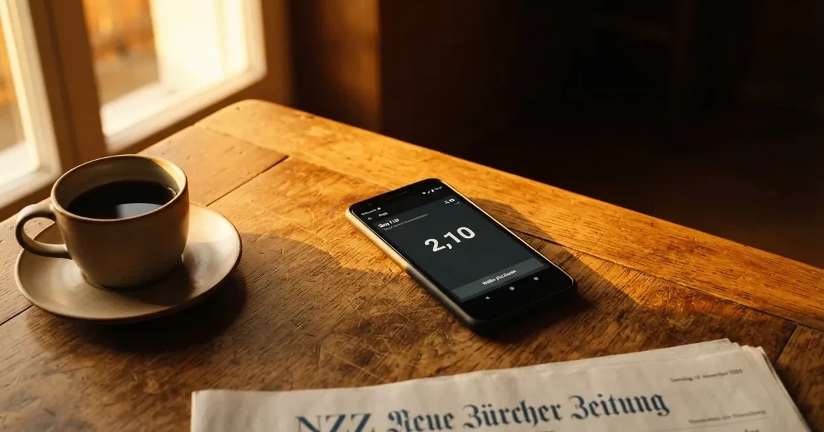 Ein Smartphone mit dunklem Display liegt auf einem Holztisch neben einer Kaffeetasse, durch das Fenster fällt warmes Abendlicht.