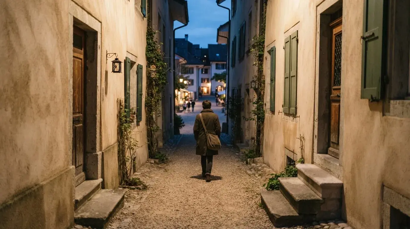 Ein schmaler Kiesweg führt zwischen zwei hellen Mauern durch eine Schweizer Altstadt, die Laternen sind noch nicht angezündet.