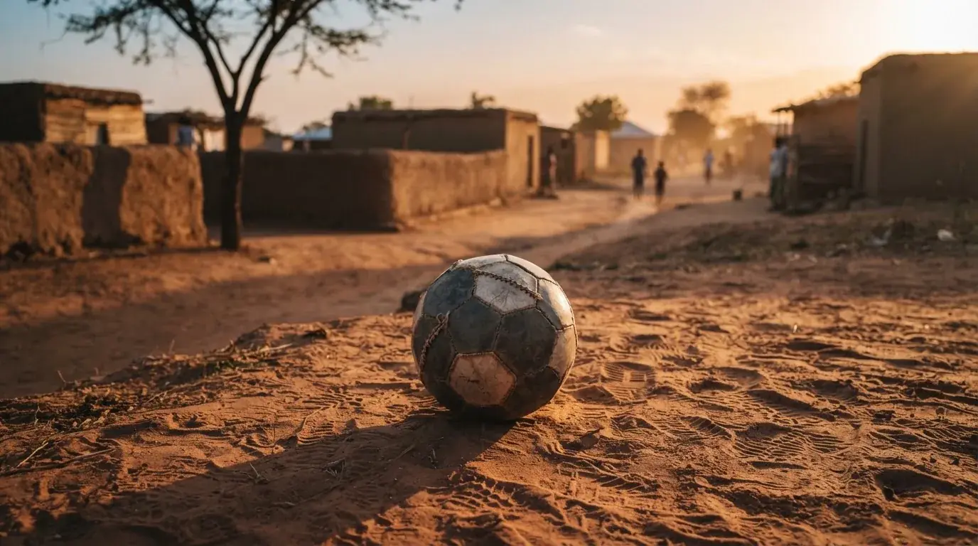 Ein Fussball liegt auf rotbraunem Sand am Rand eines Dorfes, die Abendsonne wirft lange Schatten.