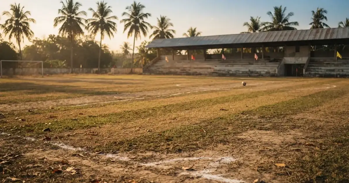 Ein ausgetrockneter Fussballplatz mit Rasenstreifen im warmen Nachmittagslicht, im Hintergrund Palmen und ein flaches Stadiondach.