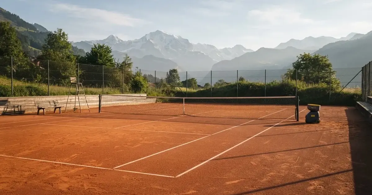 Ein Sandplatz im ersten Morgenlicht, die Linien sind frisch gezogen, das Netz bewegt sich leicht im Wind, Berge im Dunst.