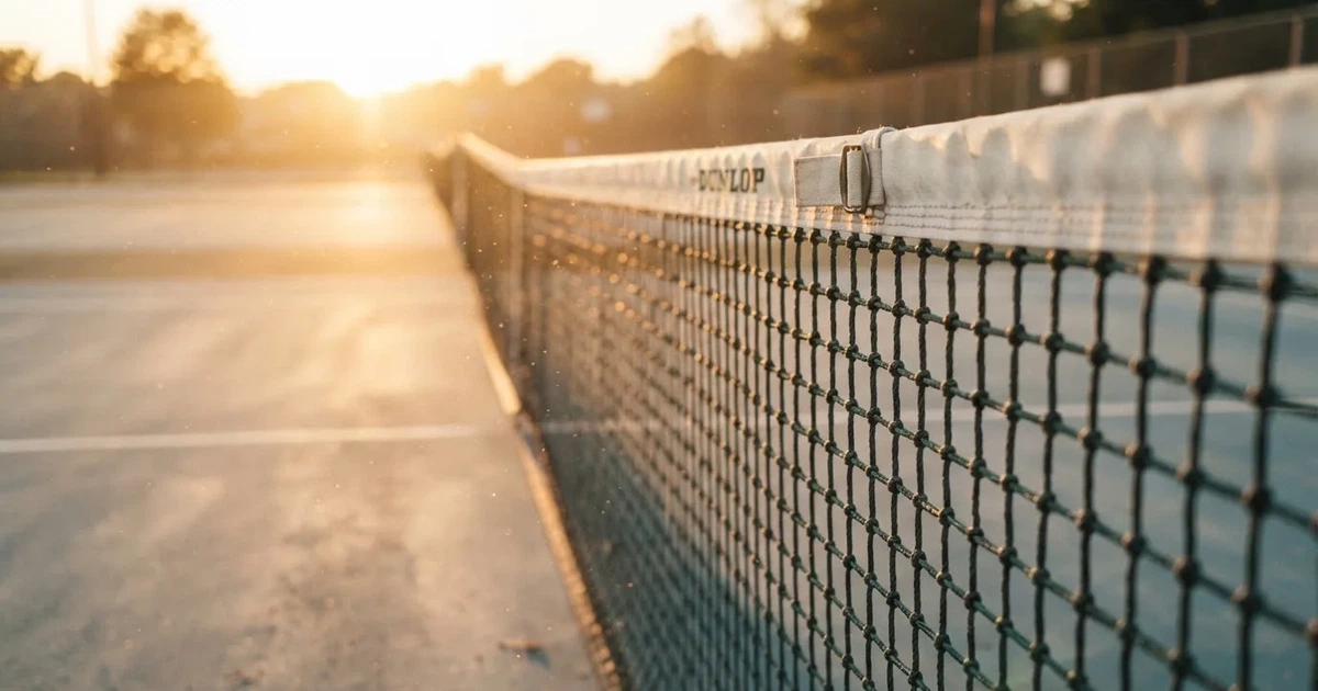 Ein Tennisnetz in Nahaufnahme im Gegenlicht der tiefstehenden Sonne, feine Staubkörner schweben über dem Platz.