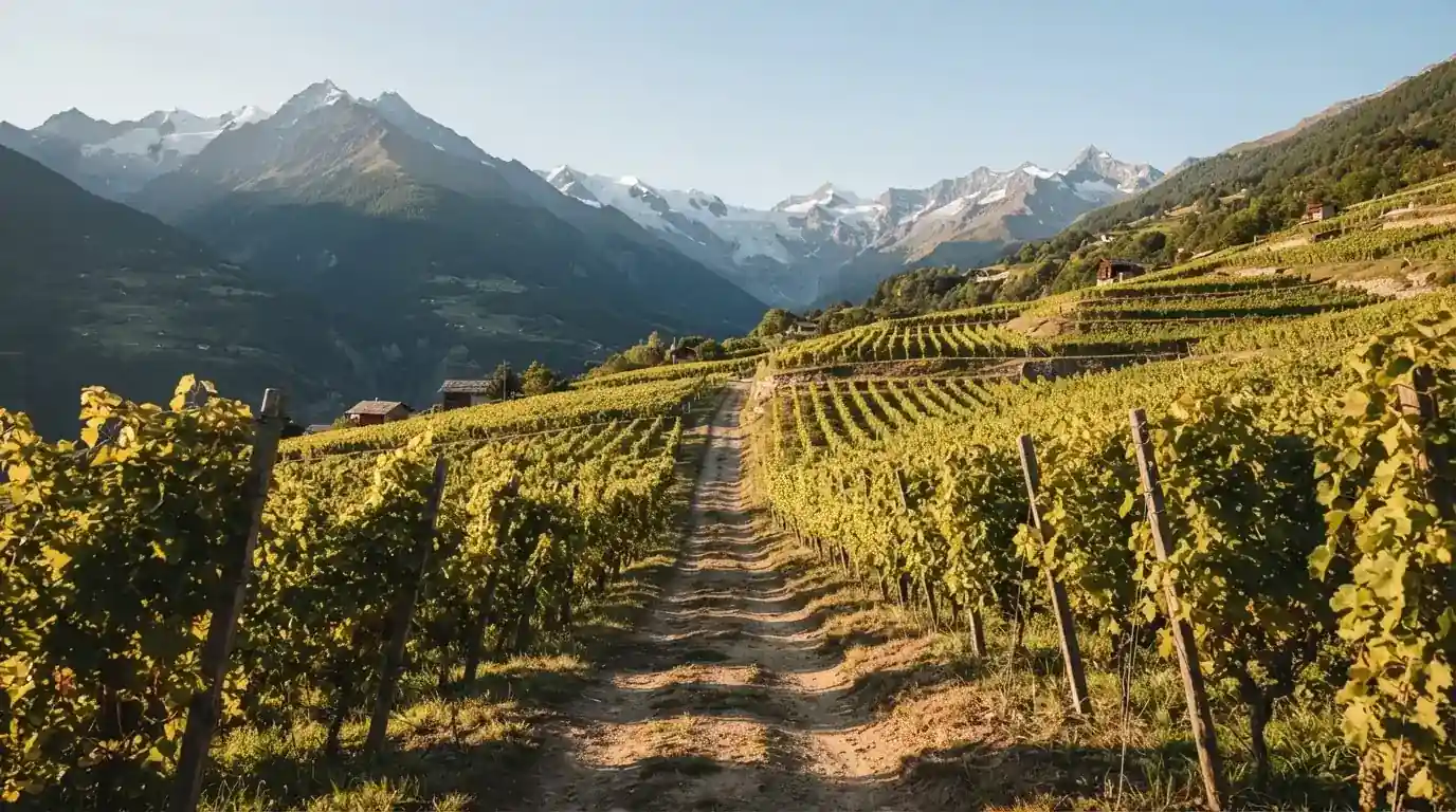 Ein Feldweg zwischen Weinreben im Wallis bei Sonnenaufgang, im Hintergrund hohe Berge und klare Luft.