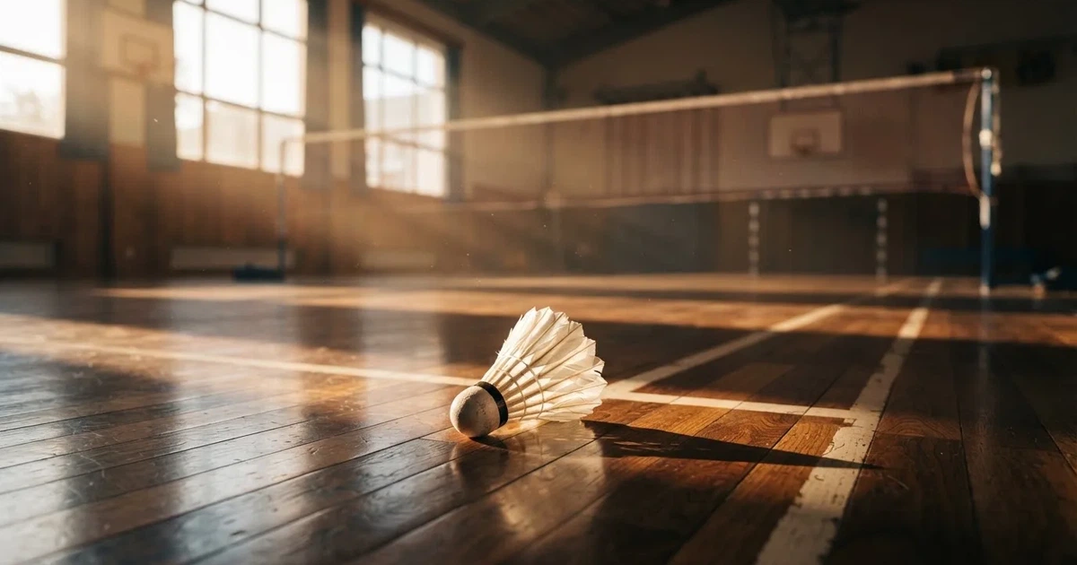 Ein Federball liegt auf dem Boden einer leeren Sporthalle, das Netz verschwimmt im Hintergrund, Licht fällt durch hohe Fenster.