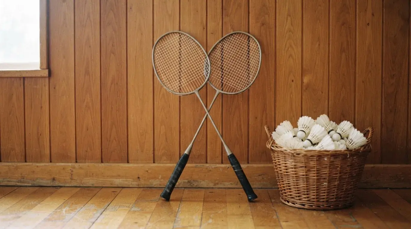 Zwei Badmintonschläger lehnen gekreuzt an einer Hallenwand aus Holz, daneben steht ein Korb mit Federbällen.