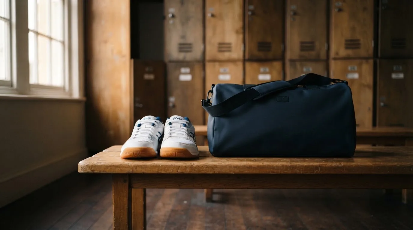 Ein Paar Hallenschuhe steht ordentlich neben einer Sporttasche auf einer Bank in einer leeren Garderobe, ein Fenster lässt Morgenlicht herein.
