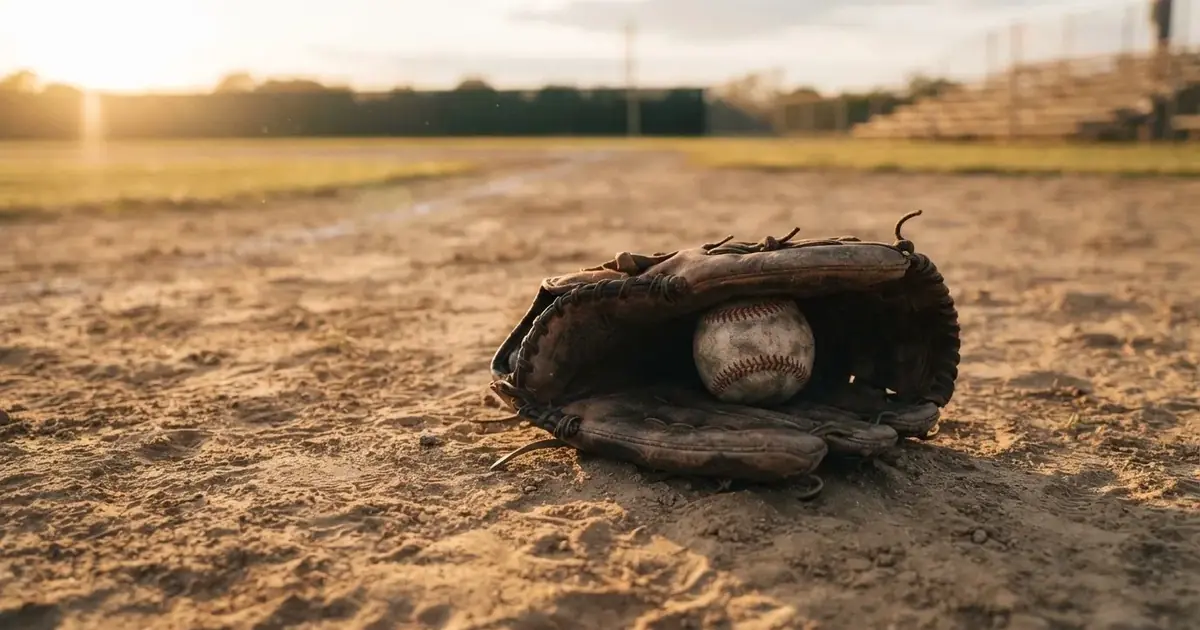 Ein Lederhandschuh und ein Ball liegen auf dem Sandboden eines leeren Spielfelds, die tiefstehende Sonne wirft lange Schatten.