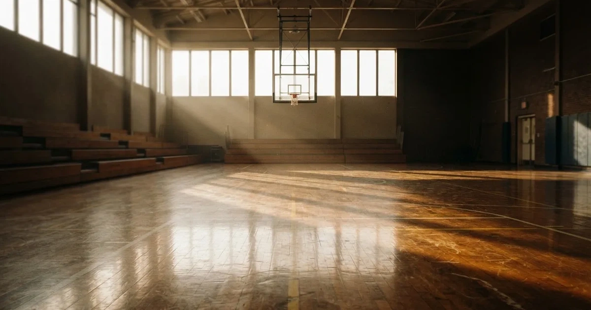Ein Basketballkorb mit Netz in einer leeren Halle, Licht fällt von hohen Fenstern auf den glänzenden Parkettboden.