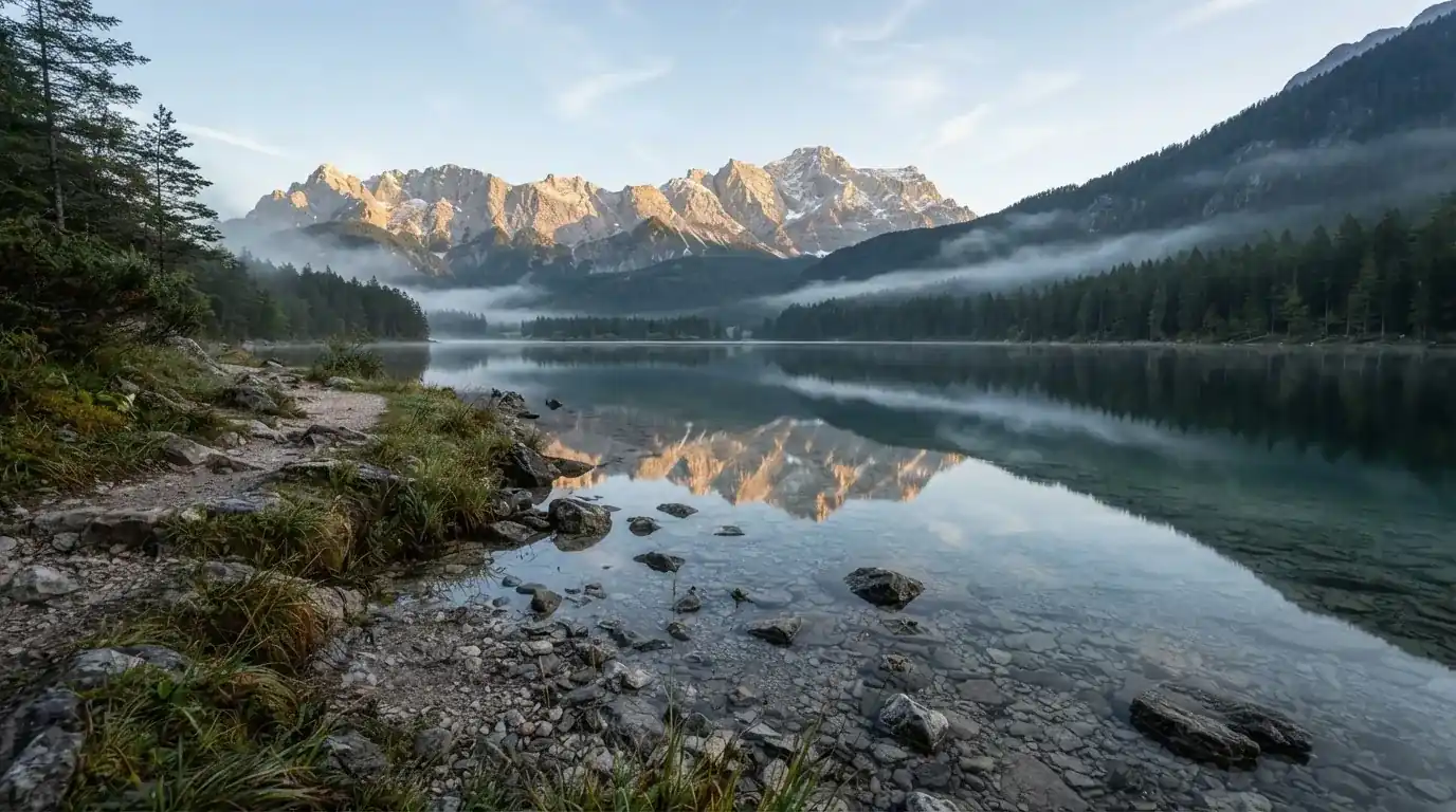 Ein Bergsee mit ruhigem Wasser und Gipfeln im Morgenlicht, am Ufer liegen glatte Steine.